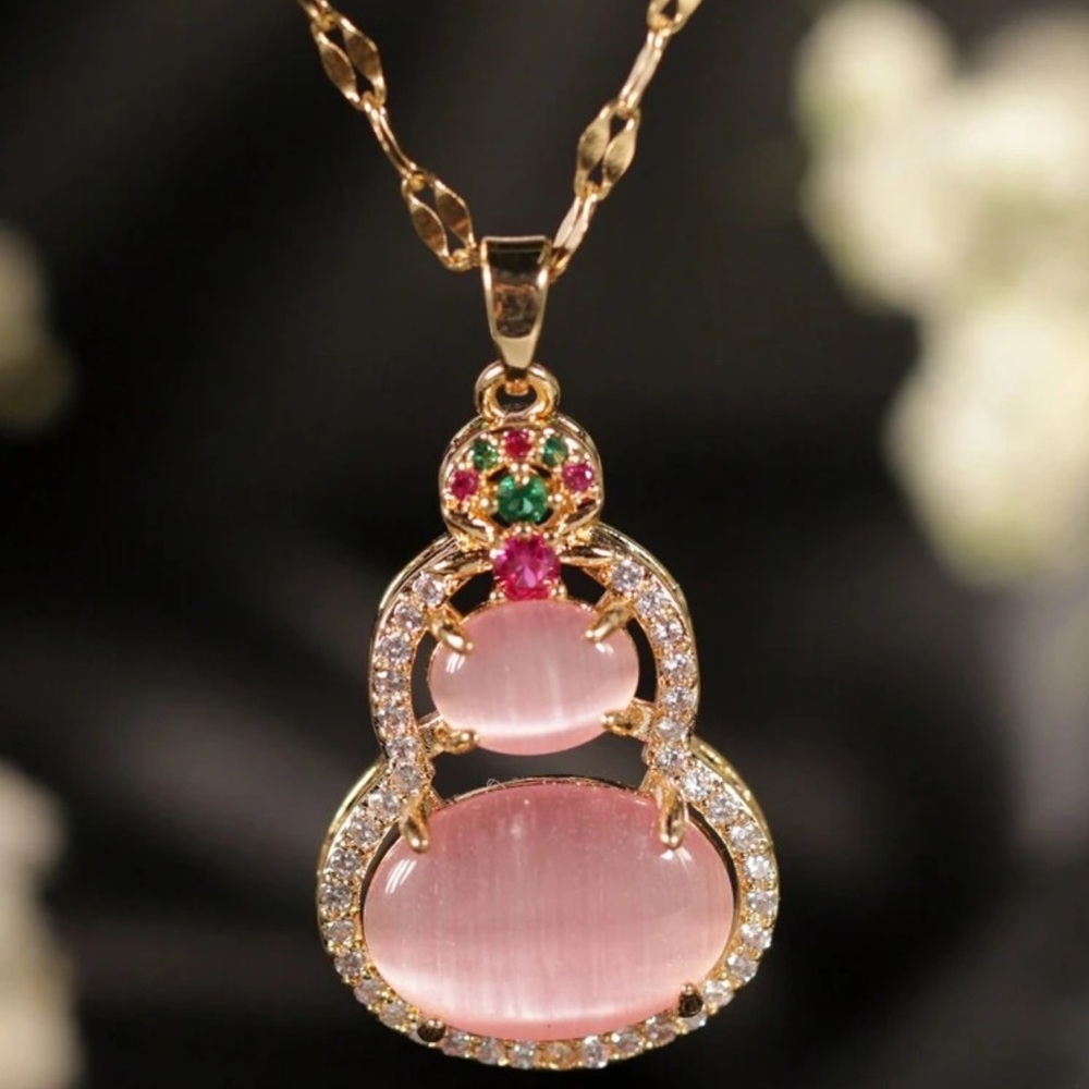 Gold Plated Pink, Red, And Colorful Cat's Eye Stone Gourd Chain Necklace